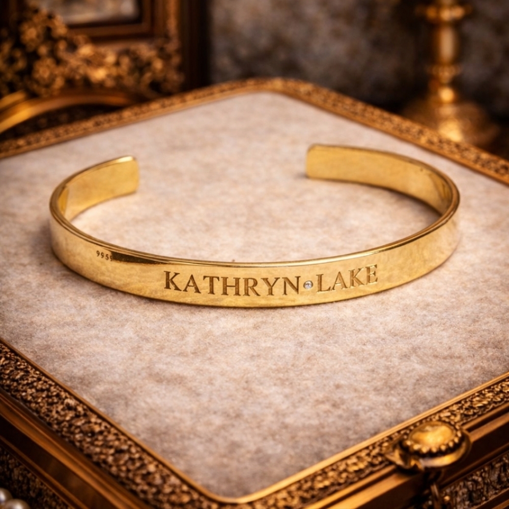 JENNIFER ZEUNER 925 GOLD PLATED ENGRAVED "KATHRYN.LAKE" CUFF BRACELET